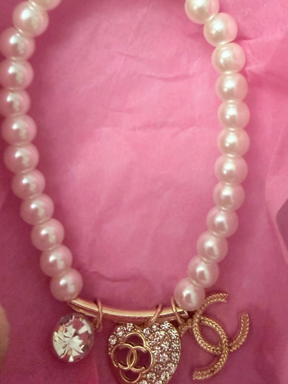Pink Pearl Bracelet with Gold-Tone Logo Charms